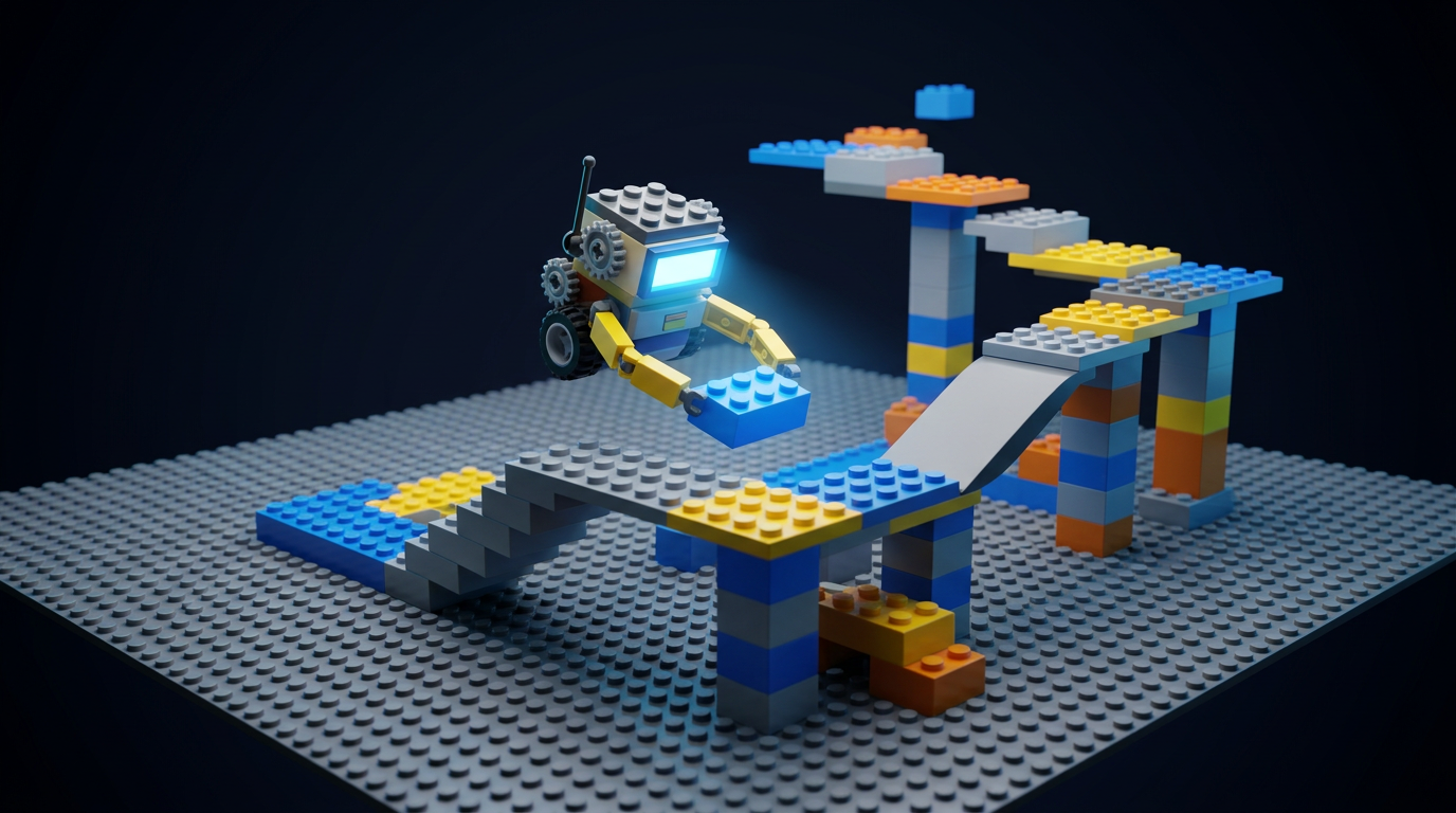 A blocky robot placing a studded blue brick onto a half-built obby course