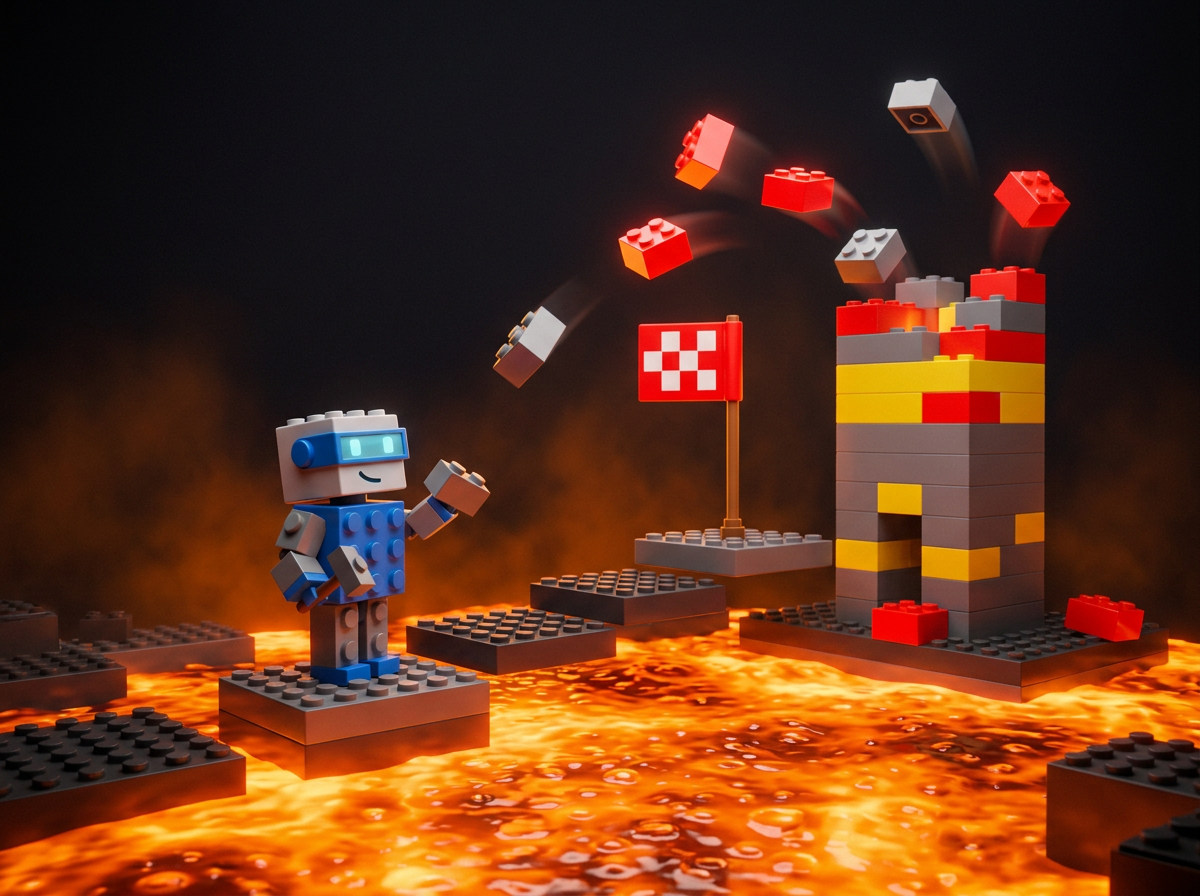 A blocky robot building a lava obby with stepping platforms and a checkpoint flag