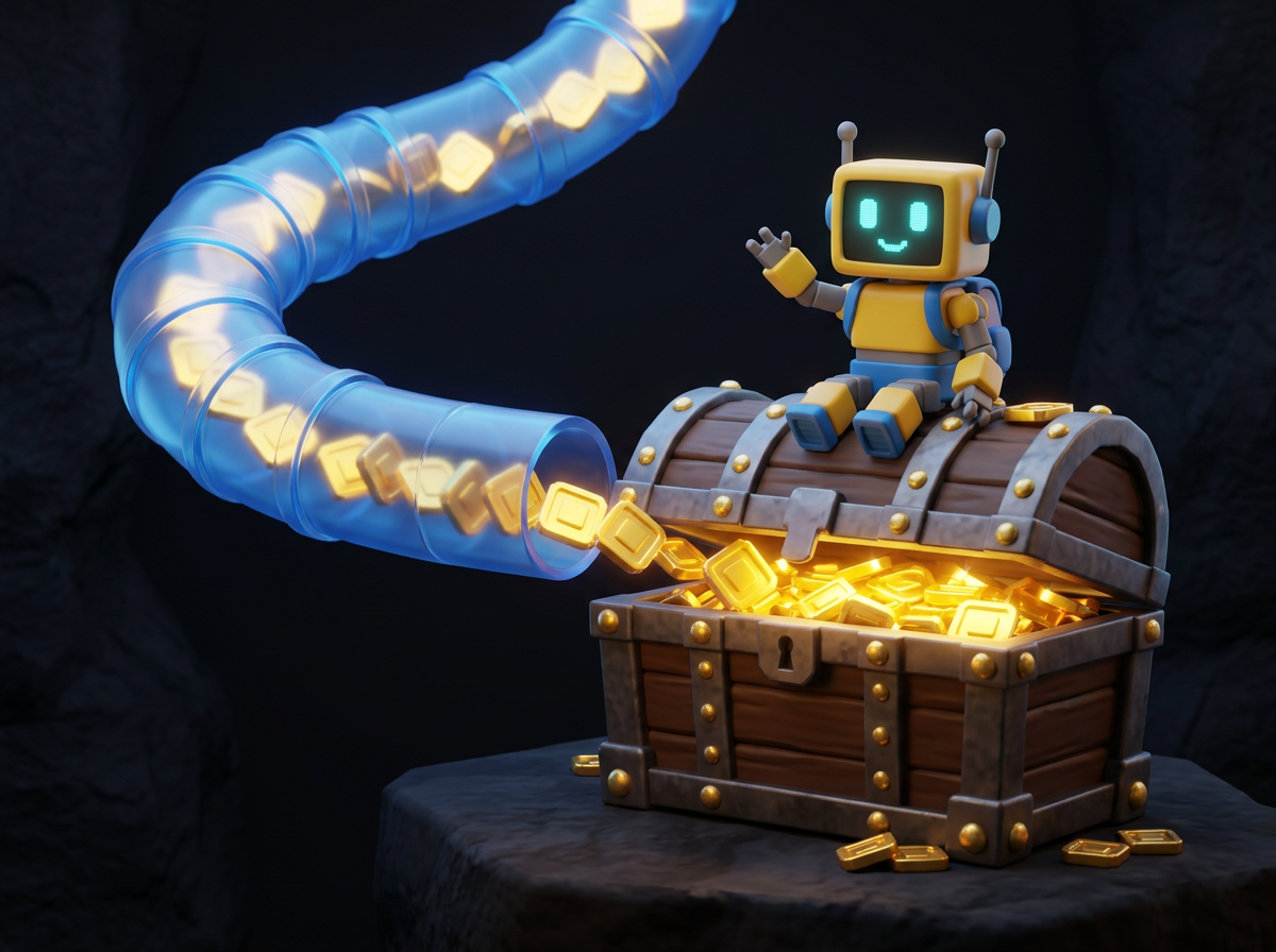 Gold blocky coins sliding down a tube into a treasure chest with a robot sitting on it