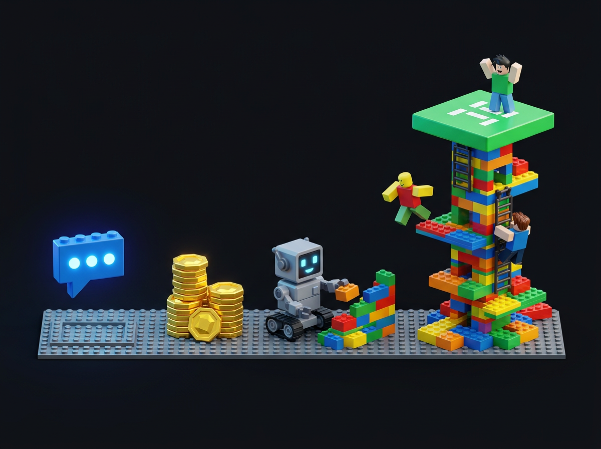 A studded baseplate telling the story: a speech bubble, a pile of coins, a robot building, and a finished obby with players
