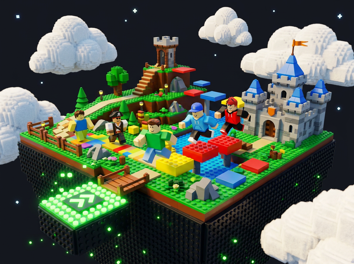 A floating blocky island with avatars running across colorful platforms