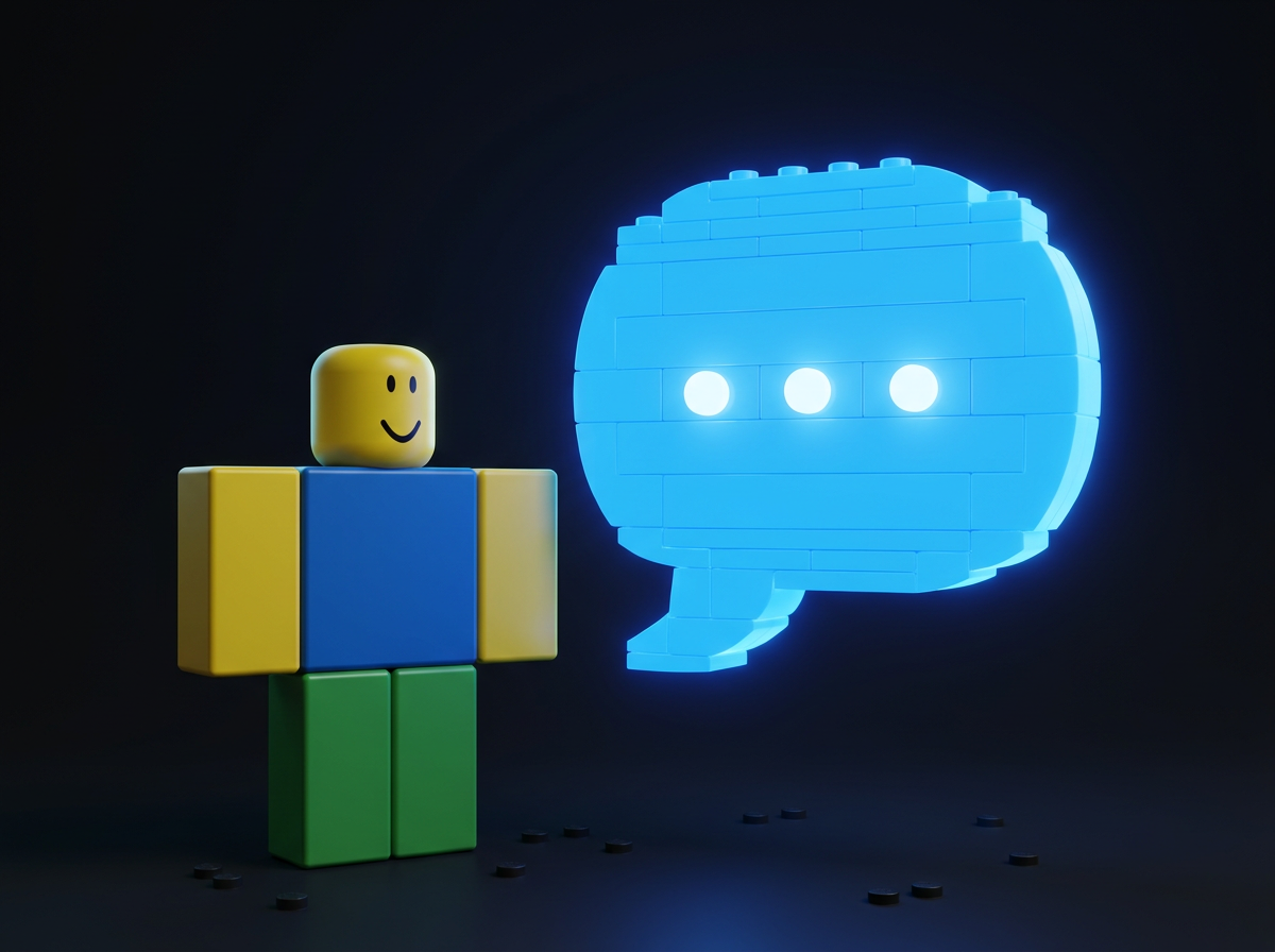 A blocky avatar next to a giant glowing speech bubble made of bricks